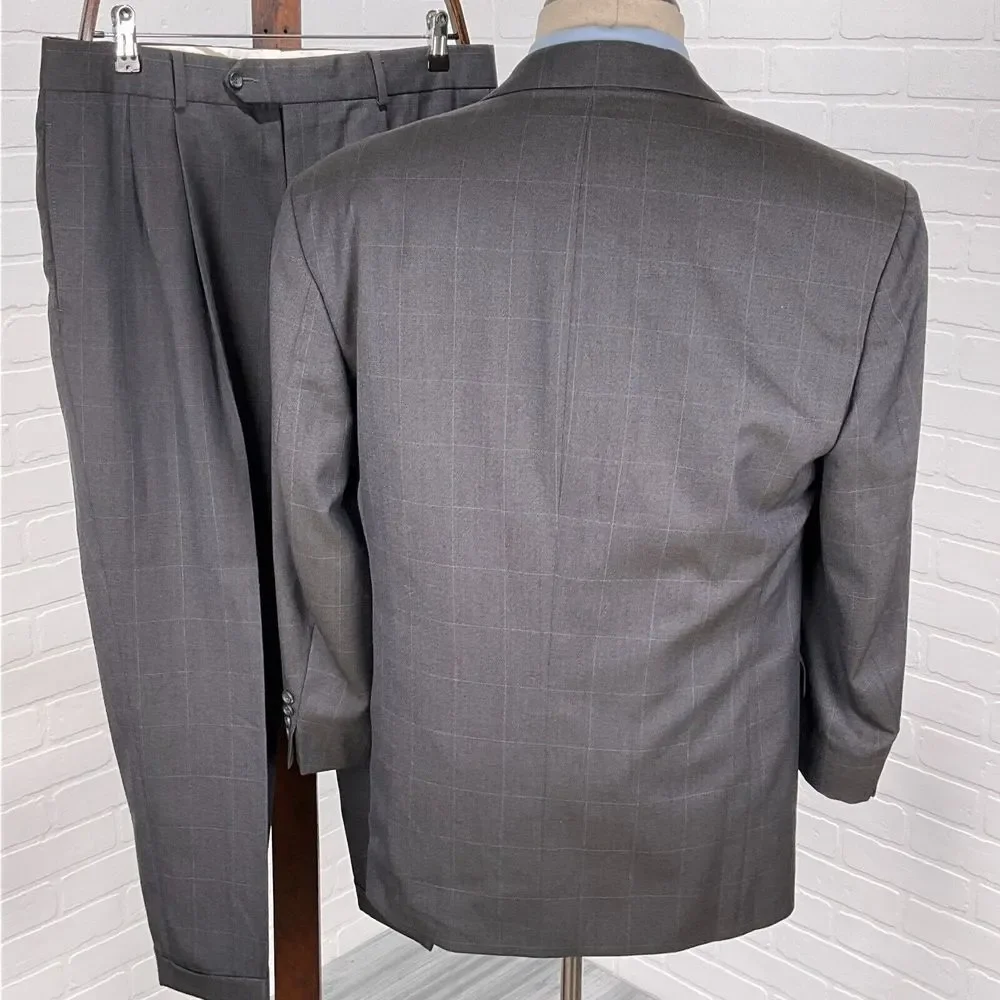 Lord West Suit Men 40S 34Wx25L Gray White Check Classic Career Cuffs‎ Wool 2pc